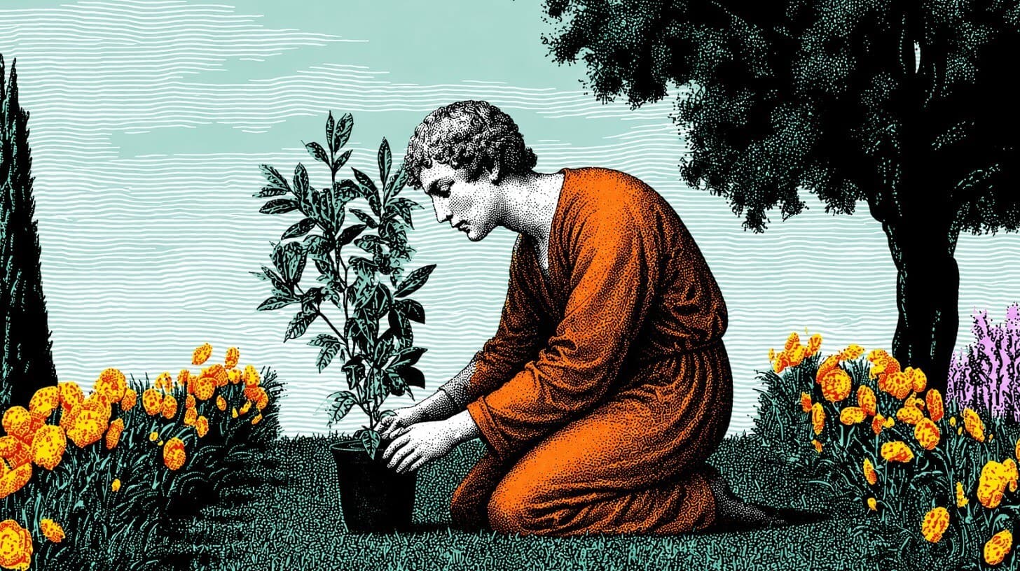 复古版画风格的园丁在花草间栽种树苗