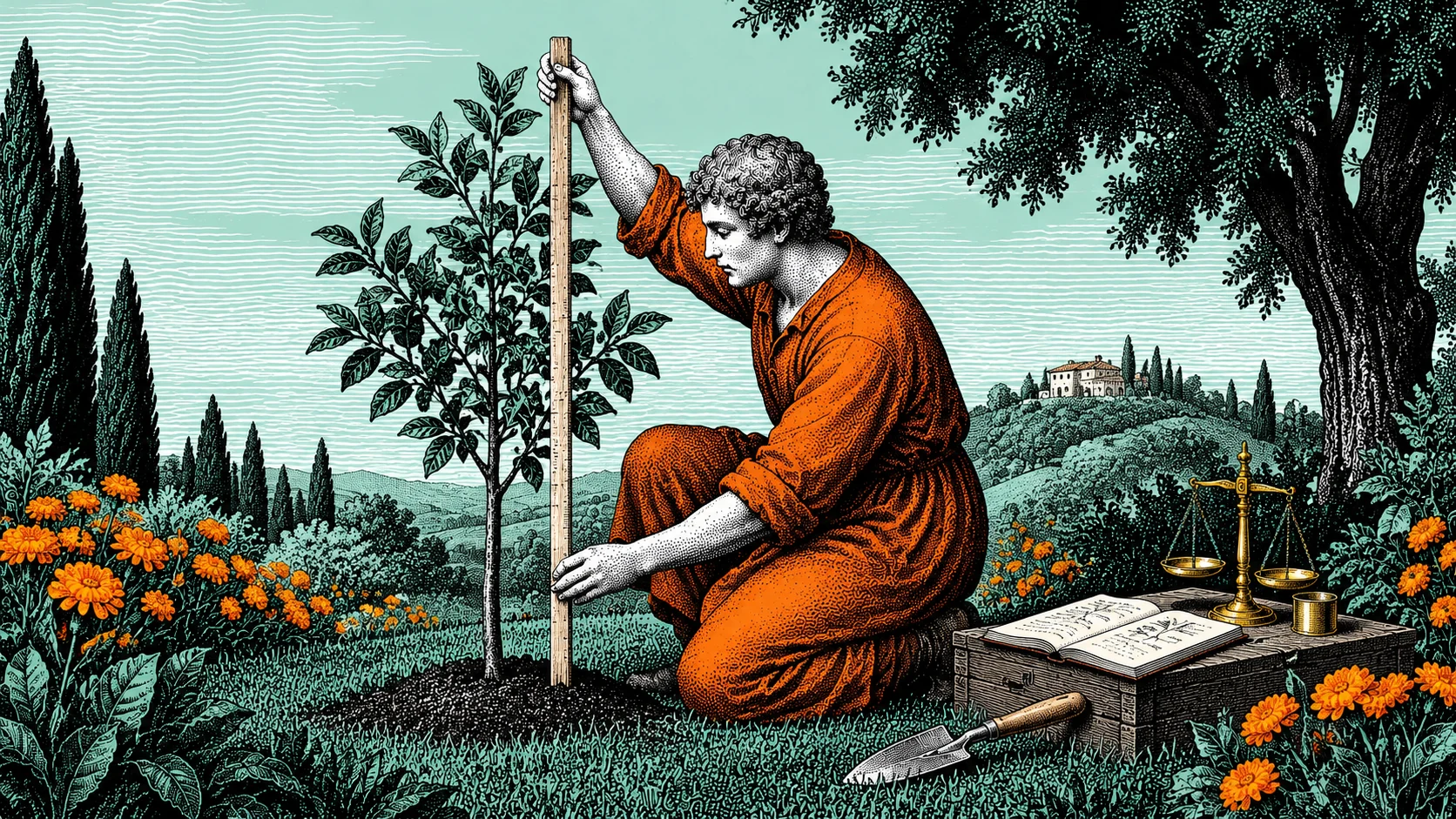版画中的园丁用木尺测量幼树，旁边摆着天平和笔记本
